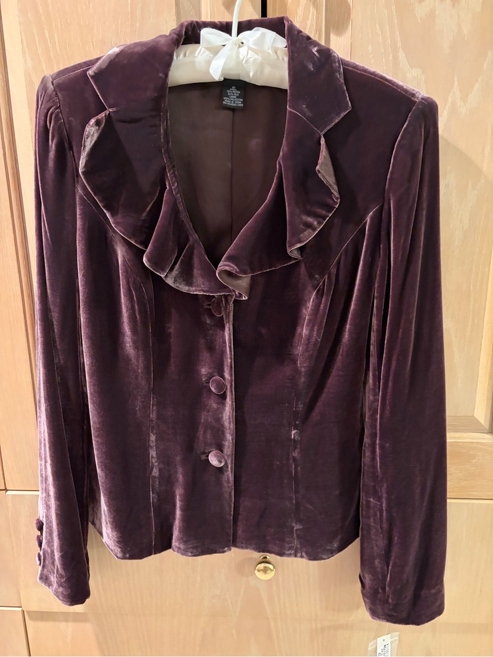 Deep Brown Velvet Ruffle-Trim Blouse